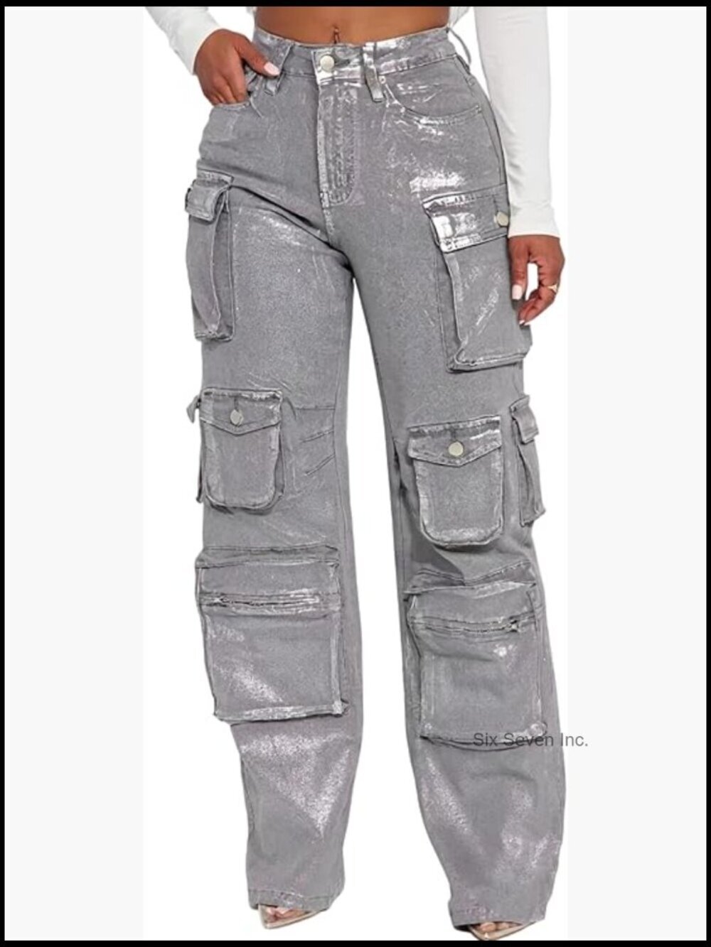Baggy High Waisted Straight Leg Cargo Jeans with Multi Pockets
